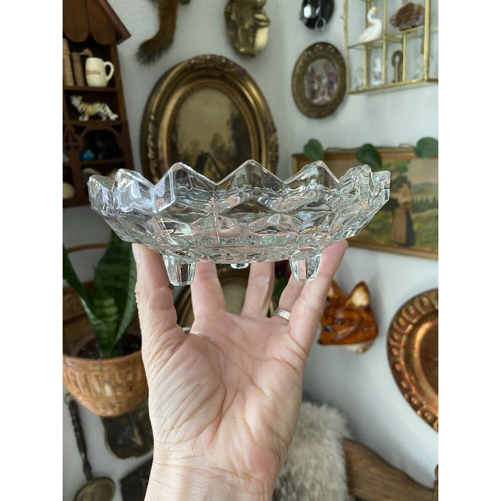 Vintage Fostoria Glass American Cubist Footed Sawtooth Rim Round Candy Dish